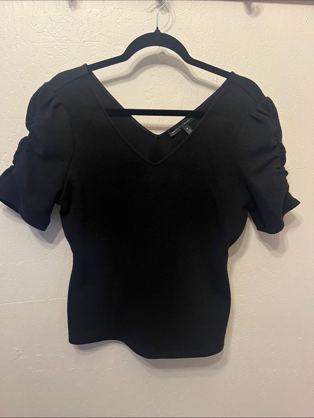 White House Black Market Black V-Neck Puff Sleeve Top